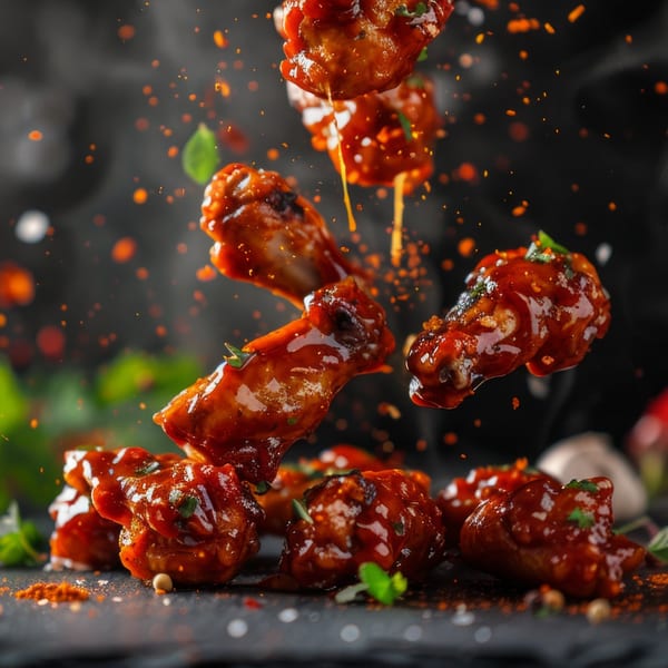 Spicy Gridiron Grill & Tap House chicken wings, coated in sauce, falling onto a dark surface.