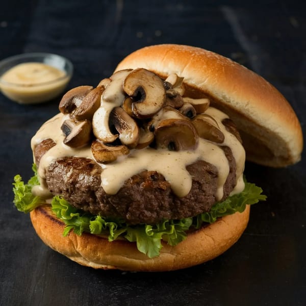 Gridiron Grill & Tap House mushroom burger with creamy sauce, lettuce, and a side of dipping sauce.