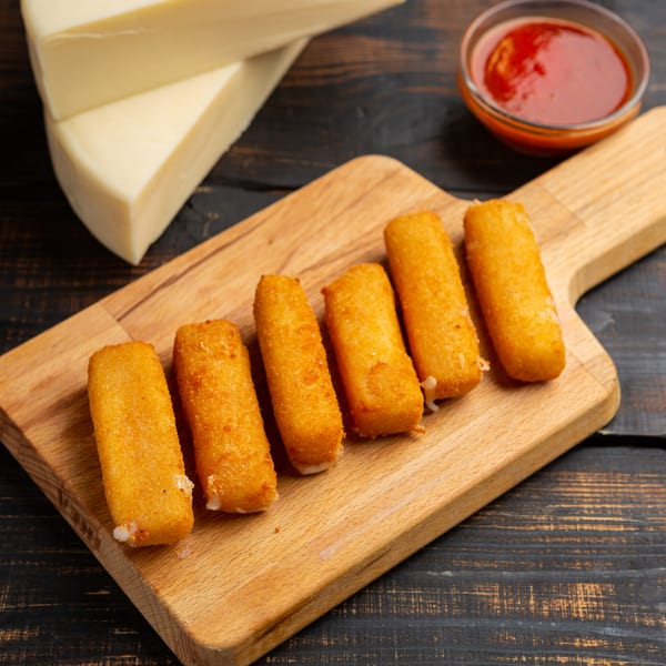 Six golden-brown mozzarella sticks on a wooden board, with a bowl of marinara sauce and cheese in the background.